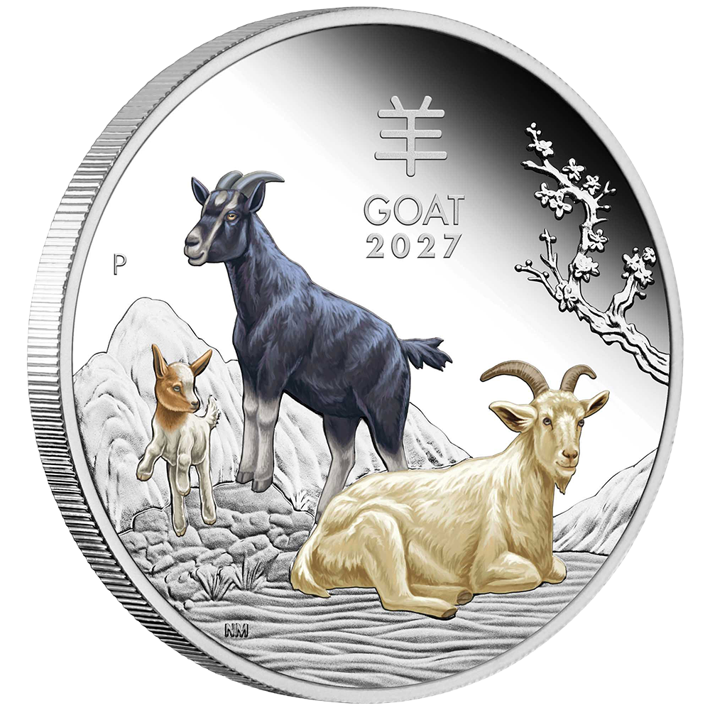 10 3987   Lunar Series III YOT Goat 2027 1oz Silver Proof Coloured Coin On Edge HighRes