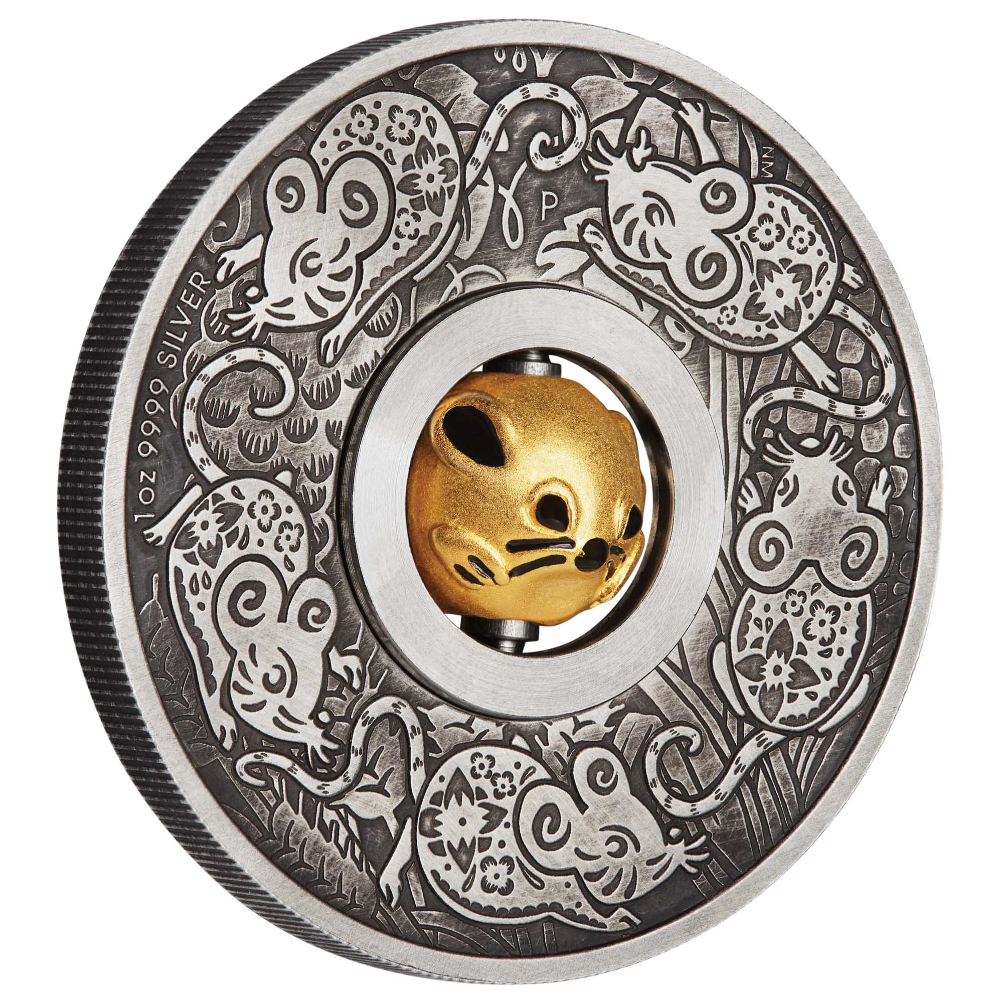 01 year of the mouse rotating charm 2019 1oz silver antiqued OnEdge