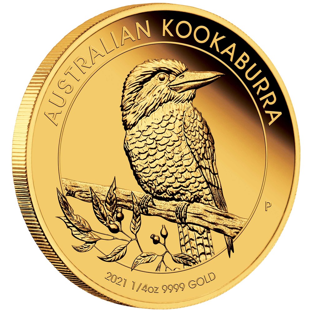 01 2021 Australian Kookaburra 1 4oz Gold Proof Coin OnEdge HighRes