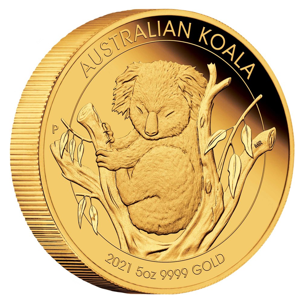 01 2021 AustralianKoala 5oz Gold Proof Coin OnEdge HighRes