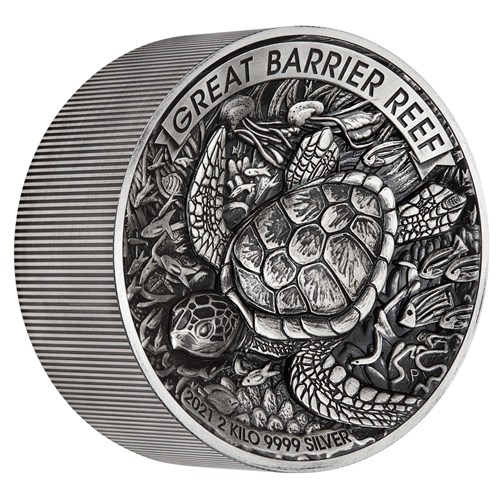 01 2021  Great Barrier Reef 2 Kilo Silver Antiqued High Relief Coin OnEdge HighRes   Copy