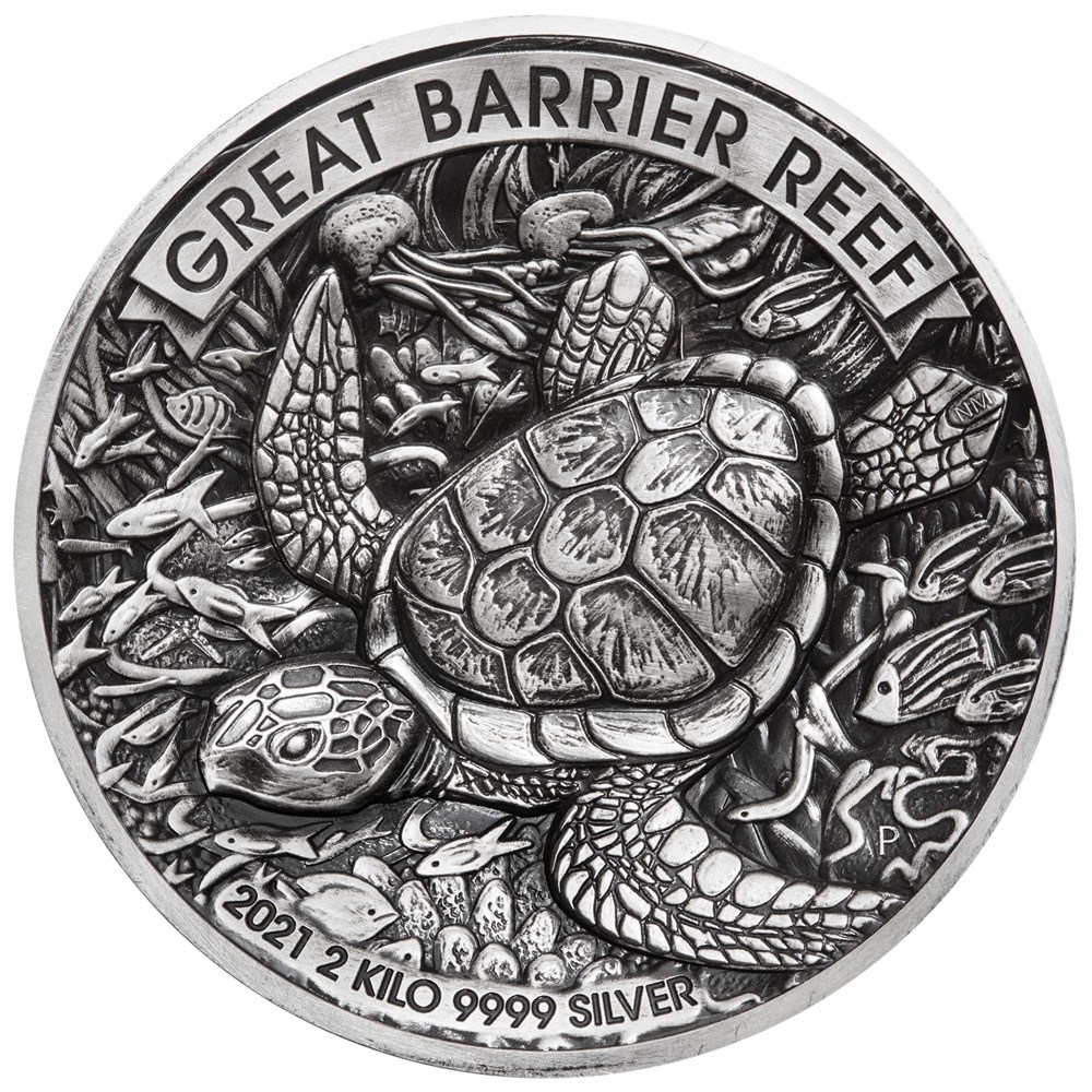 02 2021 Great Barrier Reef 2 Kilo Silver Antiqued High Relief Coin StraightOn HighRes