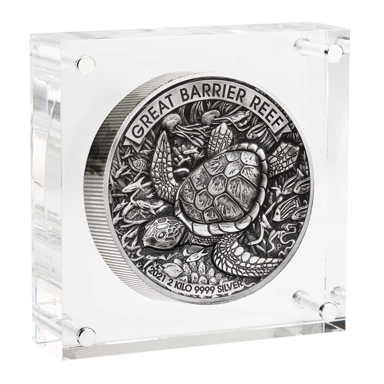 07 2021 Great Barrier Reef 2 Kilo Silver Antiqued High Relief Coin InPerspex HighRes