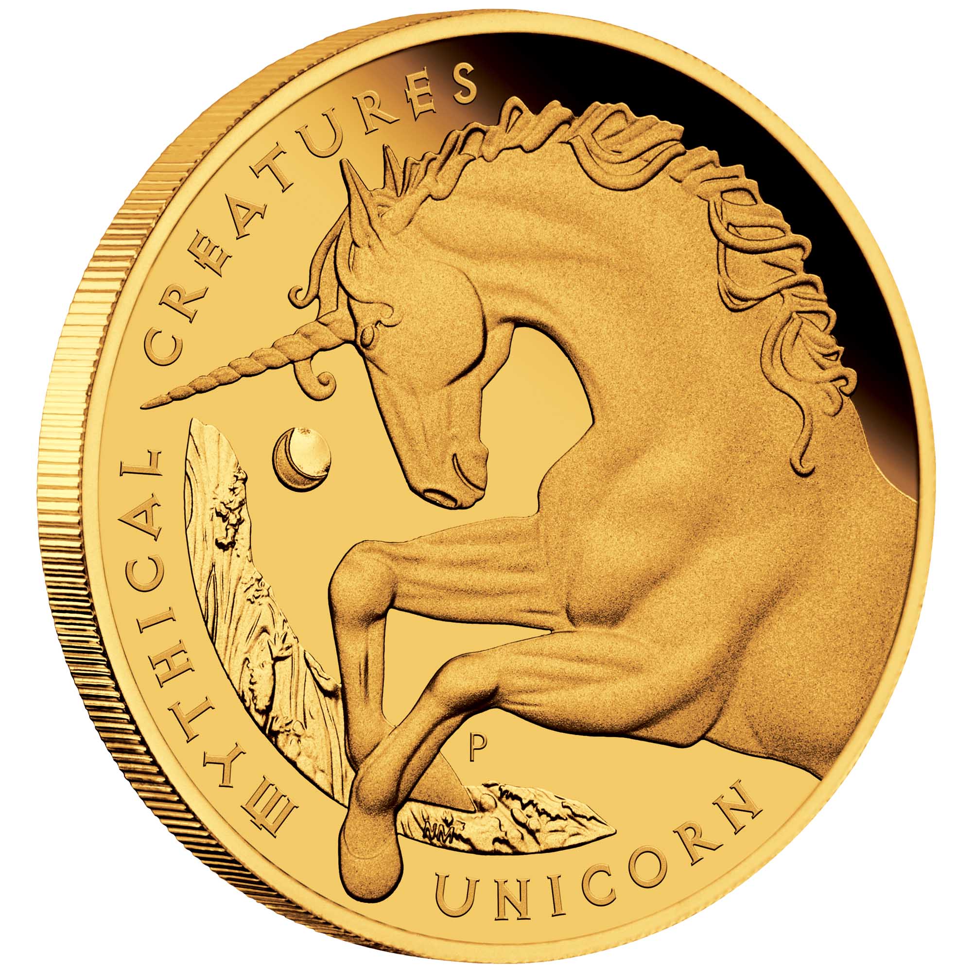 01 2021 MythicalCreaturesUnicorn 1oz Gold Proof Coin OnEdge HighRes