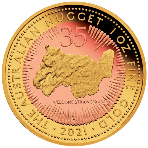 03 2021 35th Ann AusNugget 1oz Gold Proof Gilded Coin StraightOn HighRes