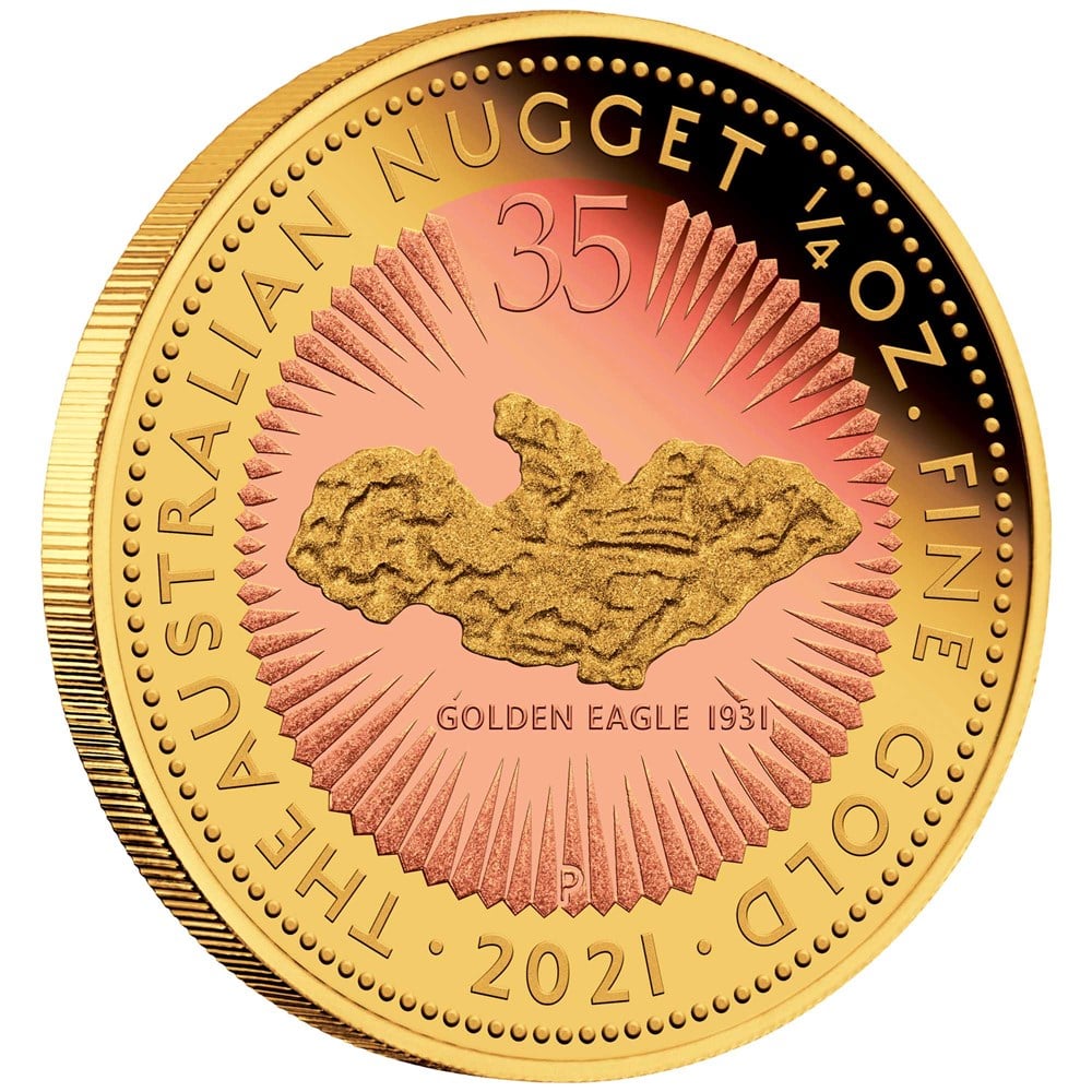 06 2021 35th Ann AusNugget 1 4oz Gold Proof Gilded Coin OnEdge HighRes
