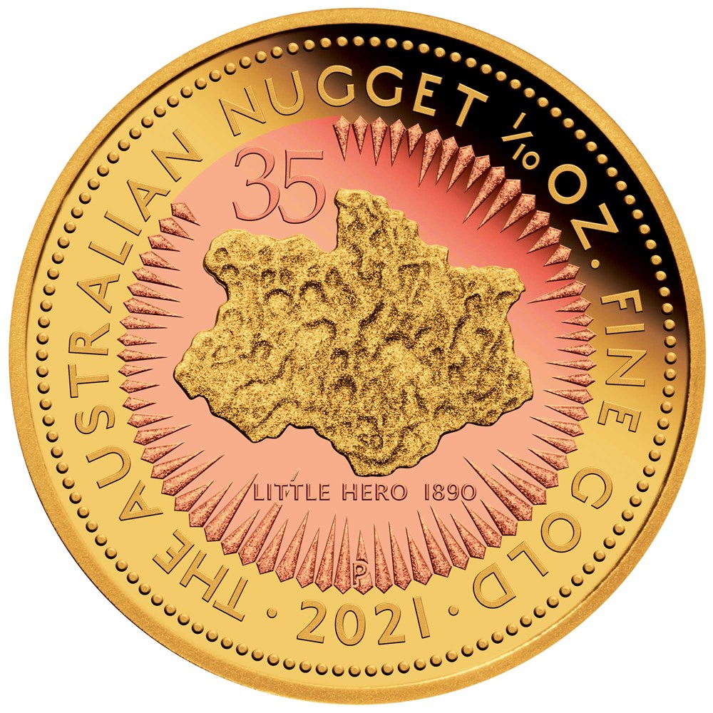 09 2021 35th Ann AusNugget 1 10oz Gold Proof Gilded Coin StraightOn HighRes