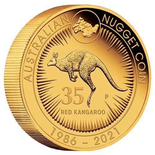 01 35th anniversary of the australian kangaroo nugget 2021 5oz gold proof OnEdge