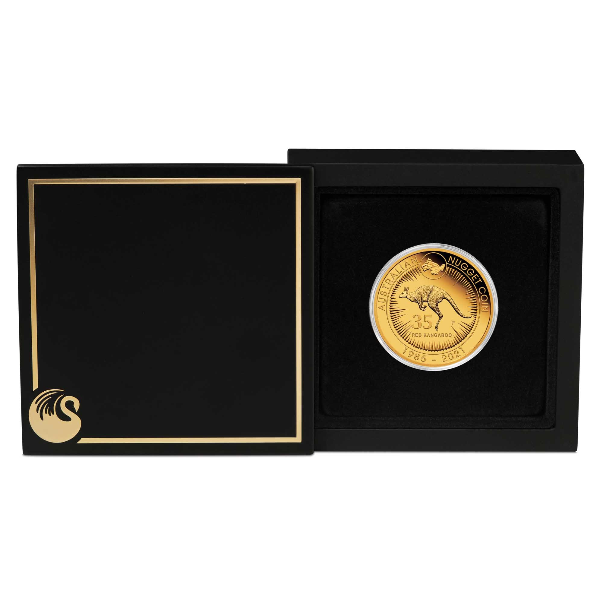 10 2021 35th Ann AusKangaroo Nugget 1oz Gold Proof Coin InCase HighRes