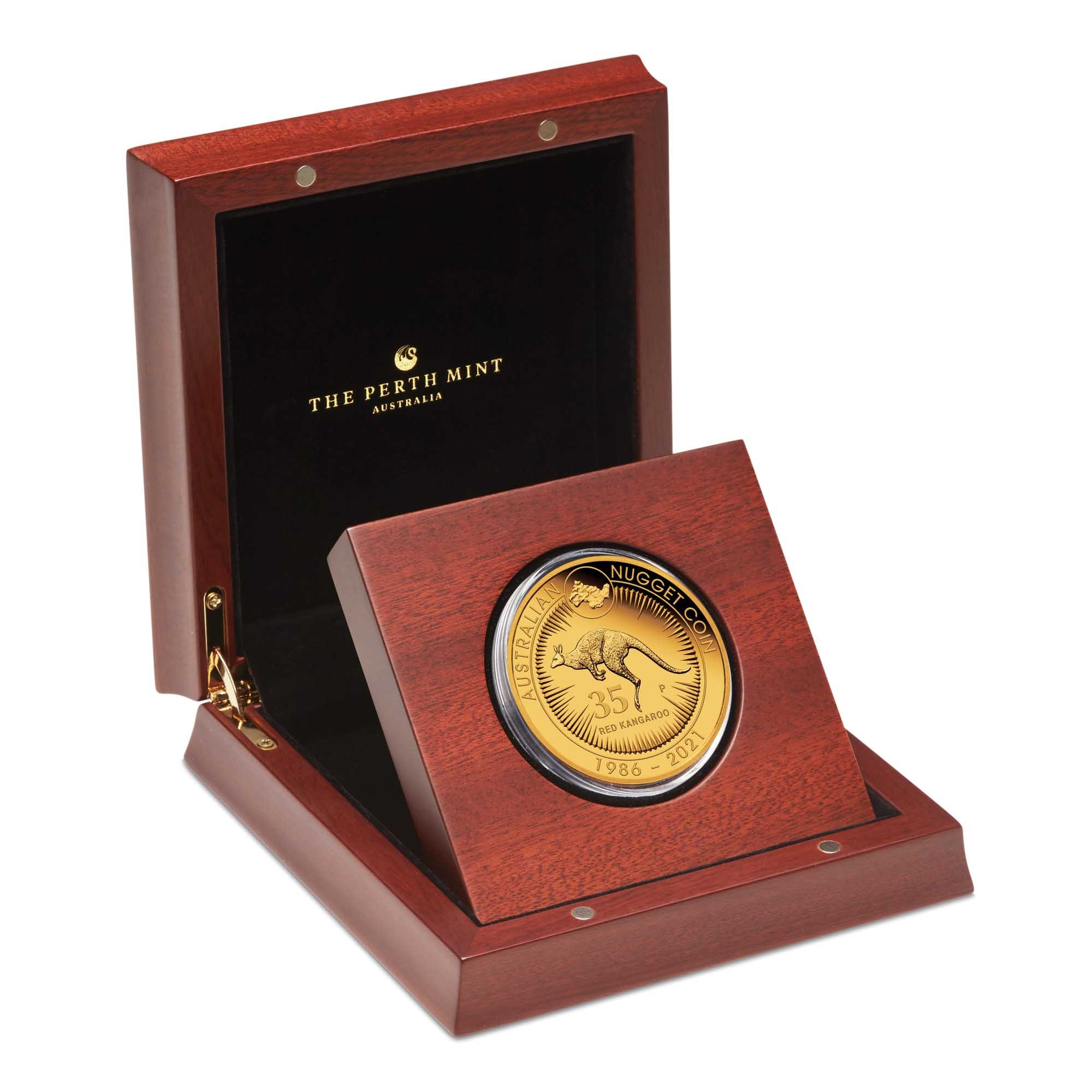 04 35th anniversary of the australian kangaroo nugget 2021 1 4oz gold proof InCase