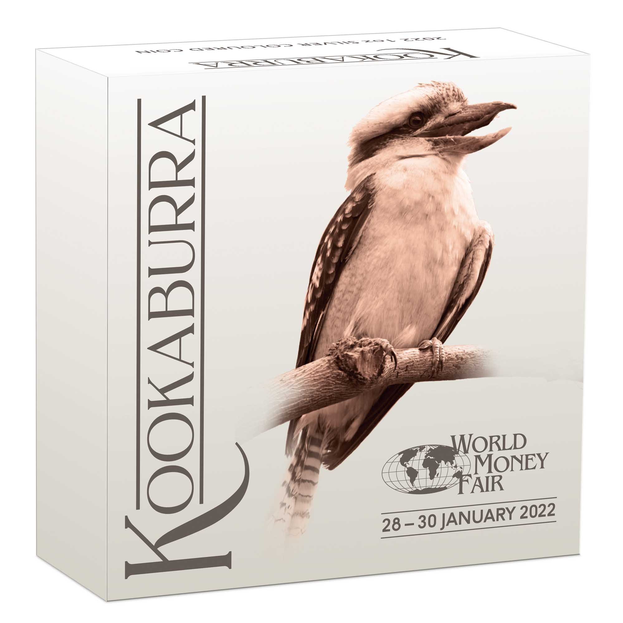 05 2022 WorldMoneyFair CoinShowSpecial AustralianKookaburra 1oz Silver Coloured Coin InShipper HighRes