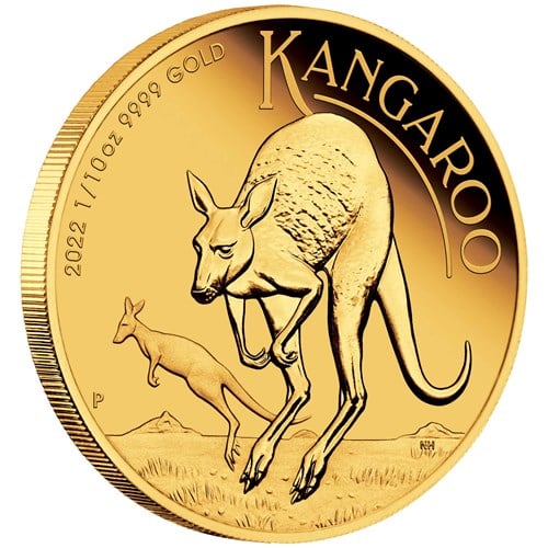 01 2022 Australian Kangaroo 1 10oz Gold Proof Coin OnEdge HighRes