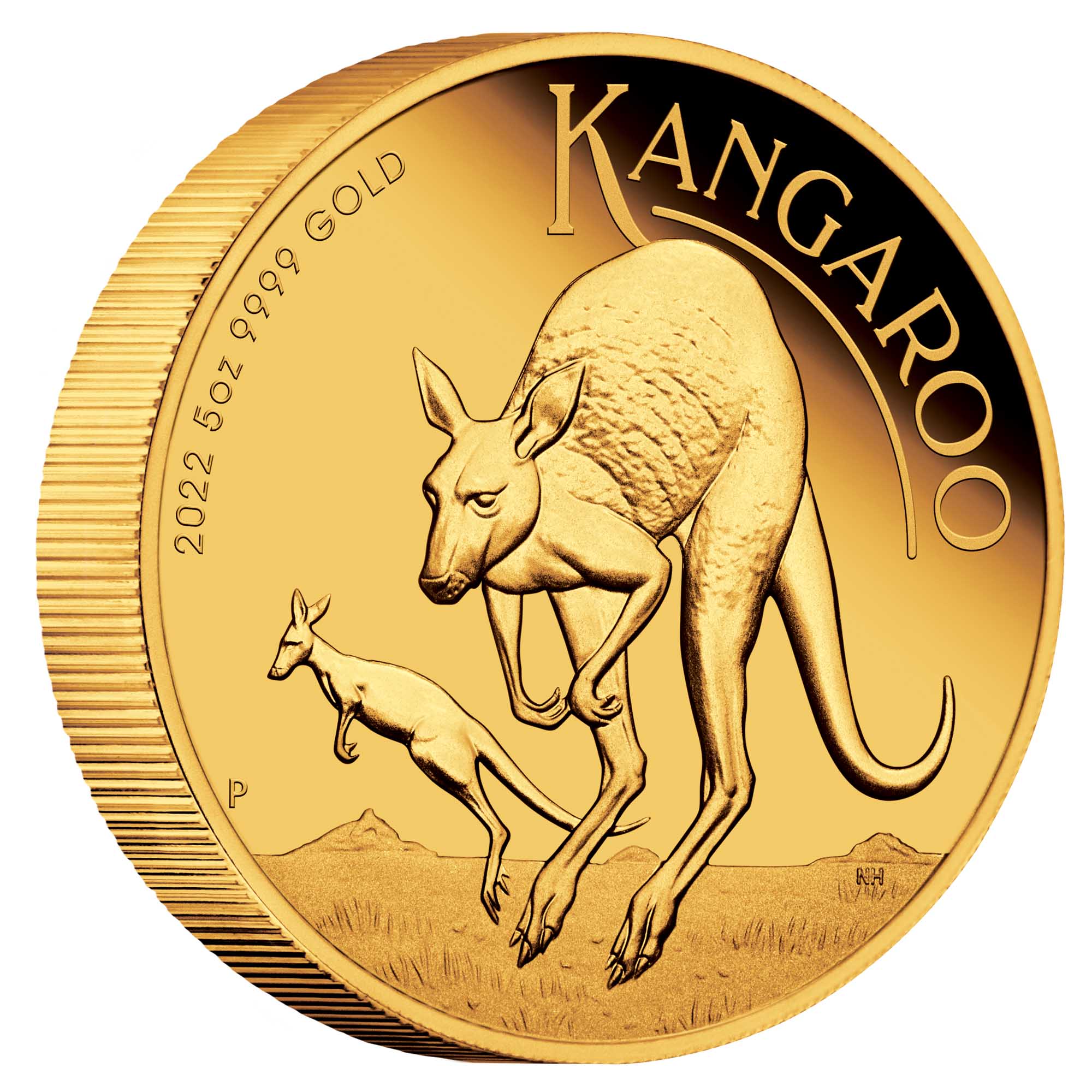 01 2022 Australian Kangaroo 5oz Gold Proof Coin OnEdge HighRes