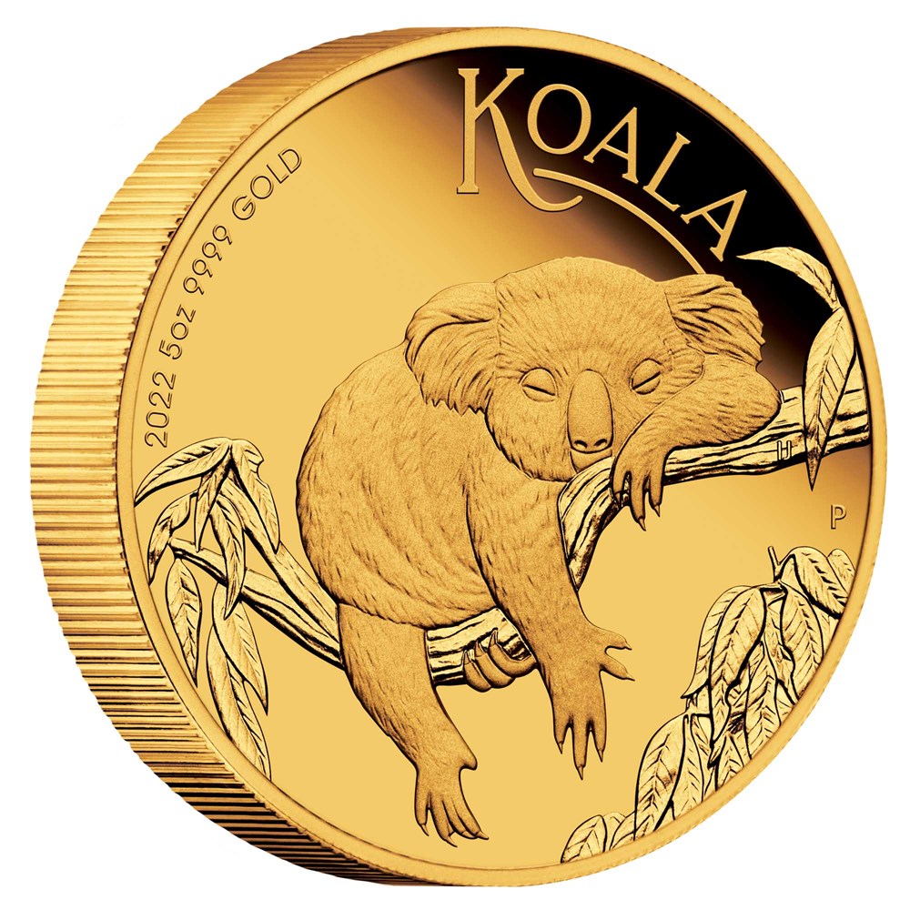 01 2022 Australian Koala 5oz Gold Proof  Coin OnEdge HighRes