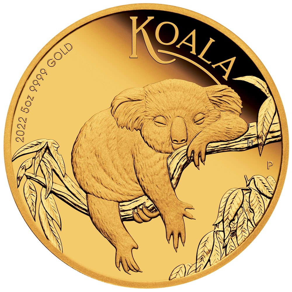 02 2022 Australian Koala 5oz Gold Proof  Coin StraightOn HighRes