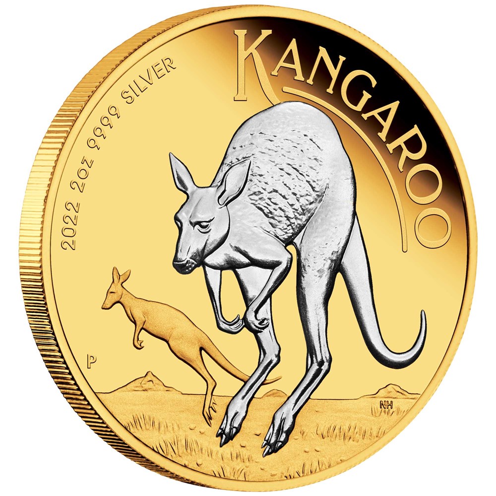 01 2022 Australian Kangaroo 2oz Silver Reverse Gilded Coin OnEdge HighRes