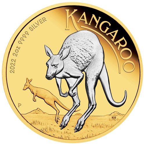 02 2022 Australian Kangaroo 2oz Silver Reverse Gilded Coin StraightOn HighRes