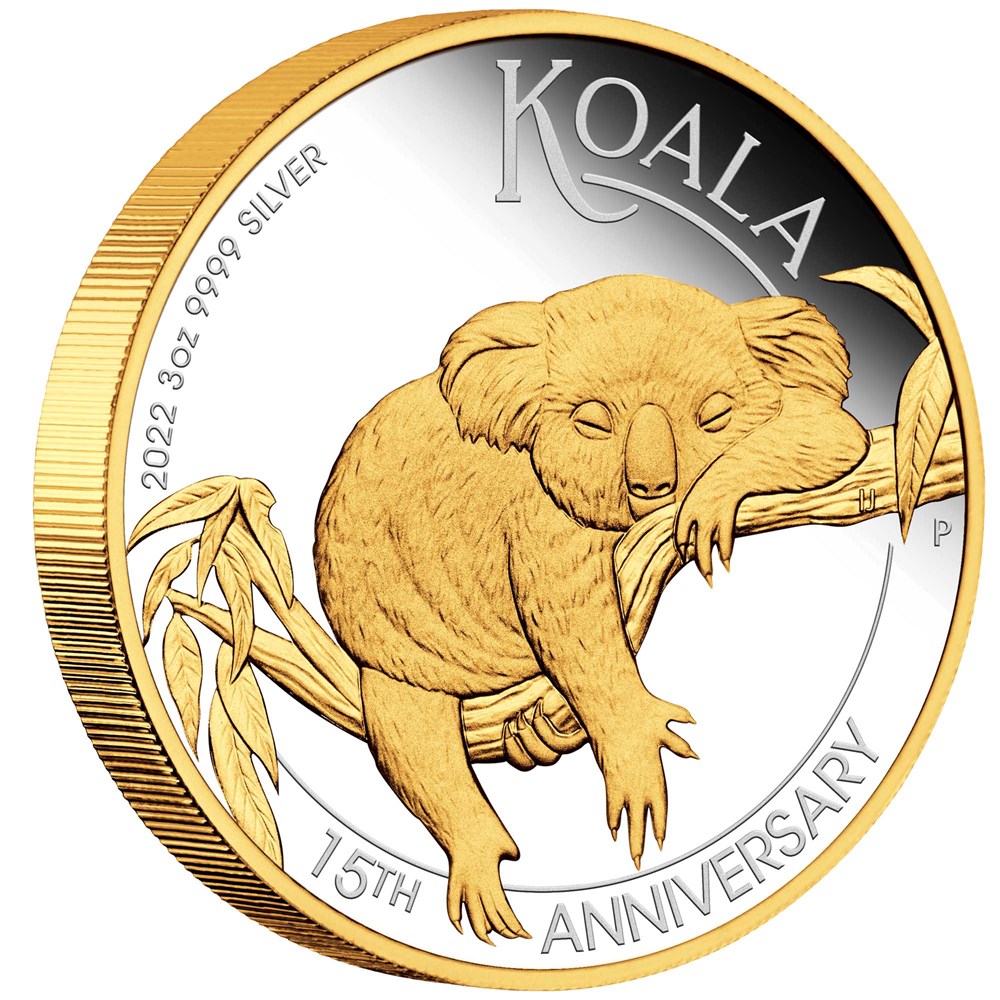 01 2022 Australian Koala 15th Ann 3oz Silver Proof Gilded Coin OnEdge HighRes