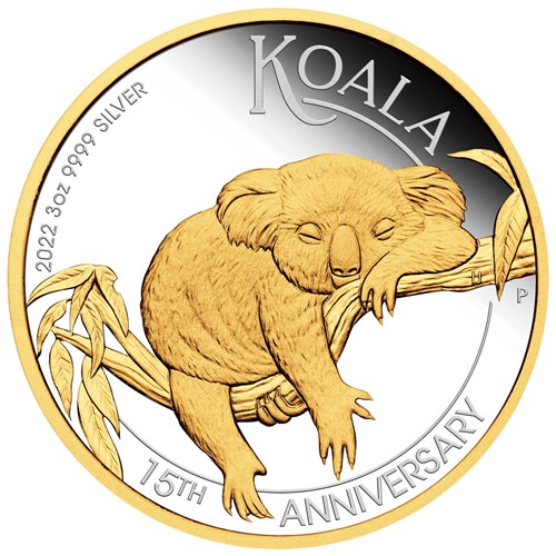 02 2022 Australian Koala 15th Ann 3oz Silver Proof Gilded Coin StraightOn HighRes