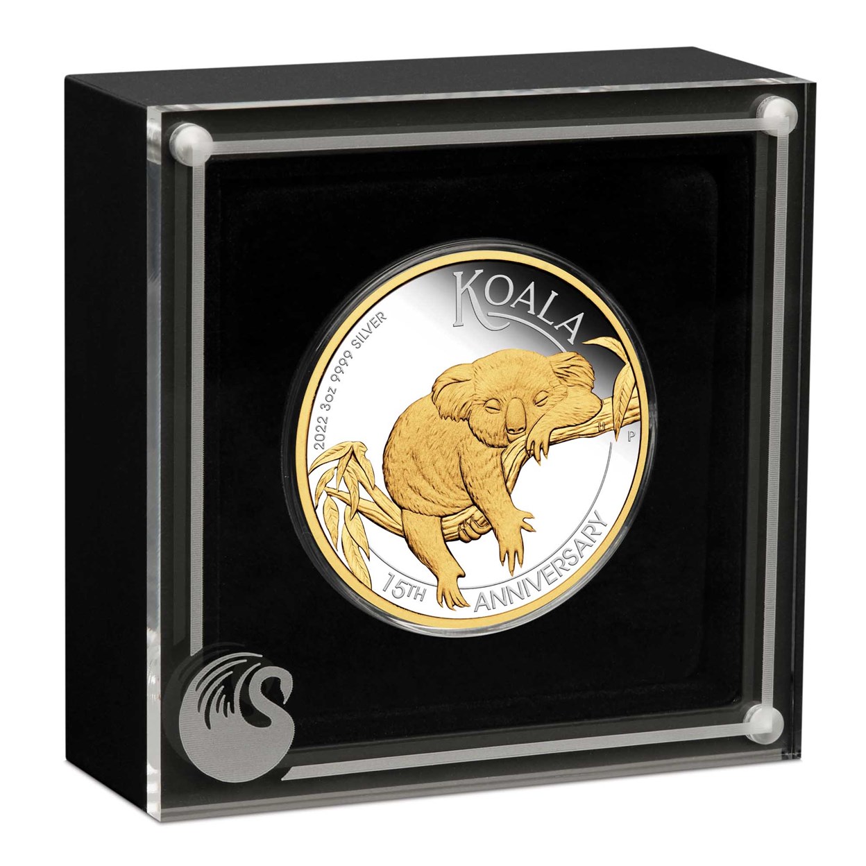 04 2022 Australian Koala 15th Ann 3oz Silver Proof Gilded Coin InCase HighRes