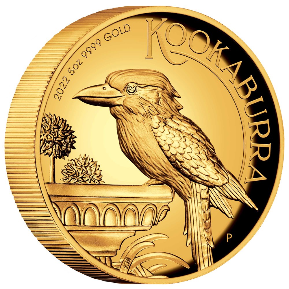 06 2022 Australian Kookaburra 5oz Gold  Proof High Relief Coin OnEdge HighRes