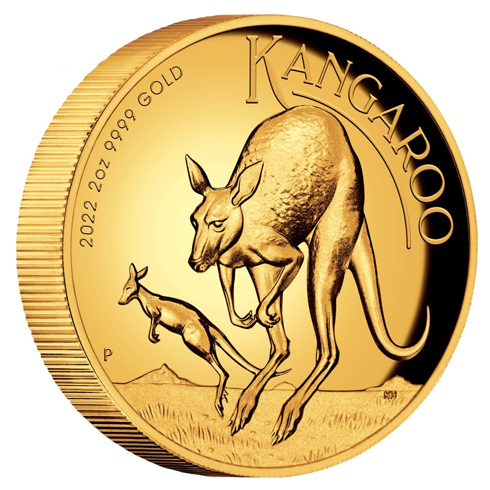 06 2022 Australian Kangaroo 2oz Gold Proof High Relief Coin OnEdge HighRes