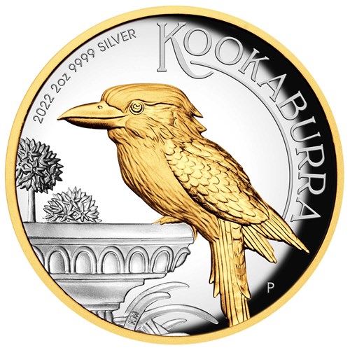 02 2022 Australian Kookaburra 2oz Silver Proof High Relief Gilded Coin StraightOn HighRes