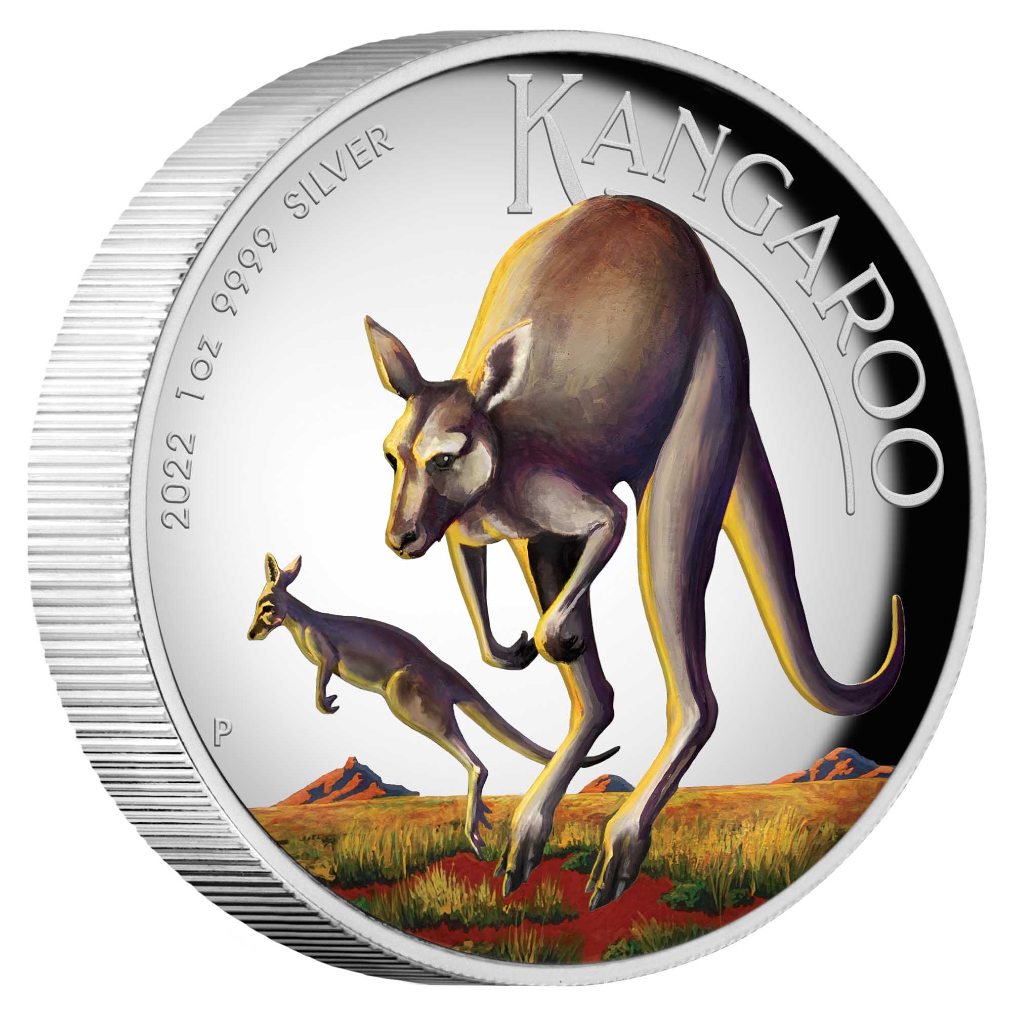 01 2022 Australian Kangaroo 1oz Silver Proof High Relief Coloured Coin OnEdge HighRes