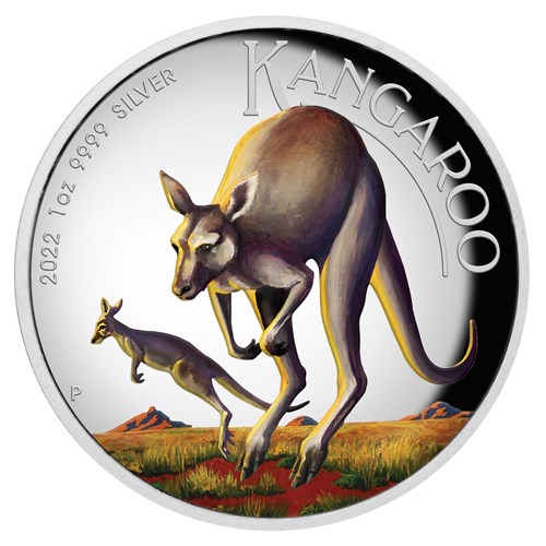 02 2022 Australian Kangaroo 1oz Silver  Proof High Relief Coloured Coin StraightOn HighRes