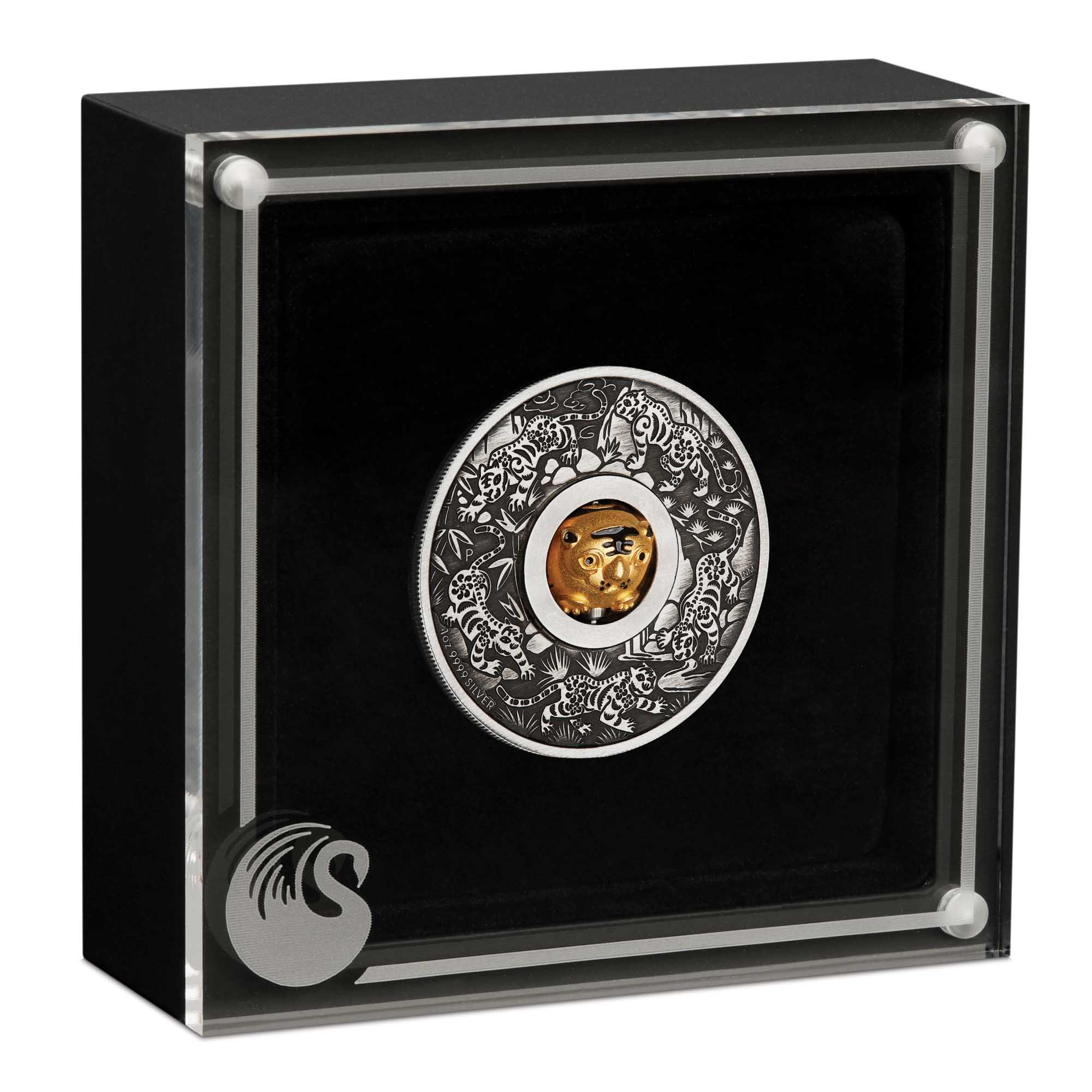 04 2022 YearoftheTiger RotatingCharm 1oz Silver Antiqued Coin InCase HighRes