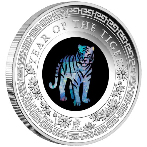 01 2022 YearoftheTiger 1oz Silver Proof Opal Coin OnEdge HighRes