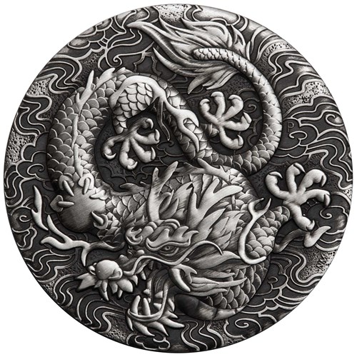 02 2022 Dragon 2oz Silver Antiqued Coin StraightOn HighRes