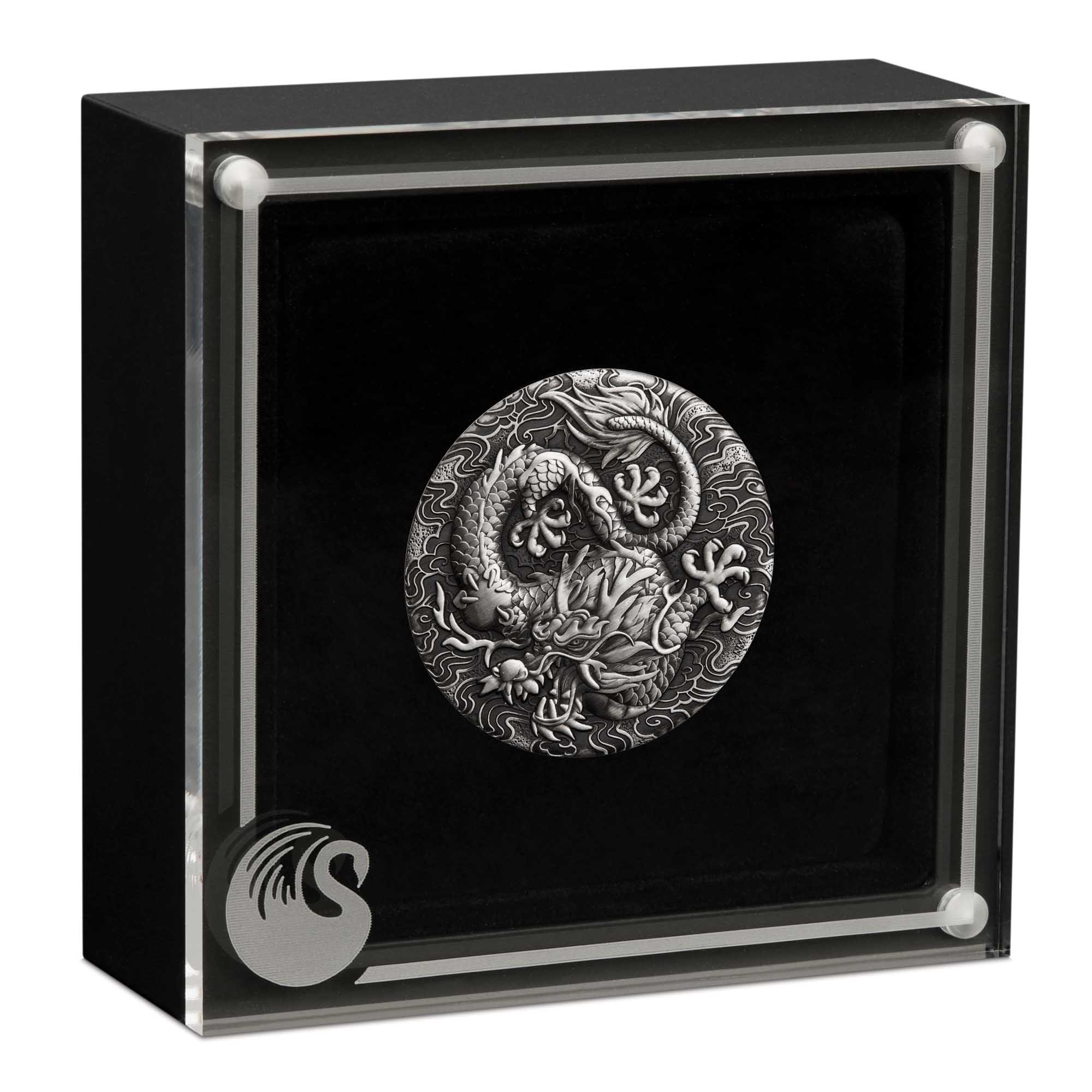 04 2022 Dragon 2oz Silver Antiqued Coin InCase HighRes