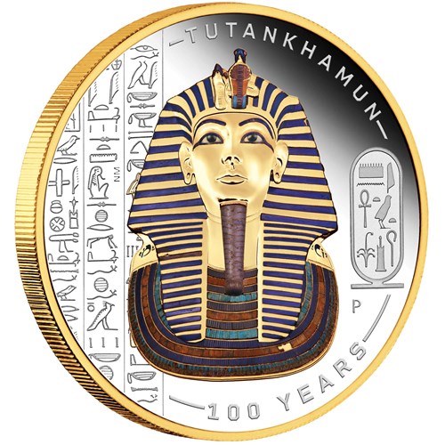 01 2022 Tutankhamen 100th Anniversary 2oz Silver Gilded Coloured Coin OnEdge HighRes