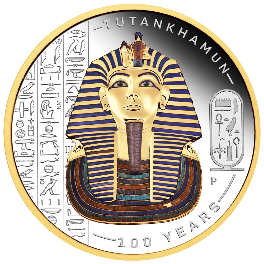 02 2022 Tutankhamen 100th Anniversary 2oz Silver Gilded Coloured Coin StraightOn HighRes