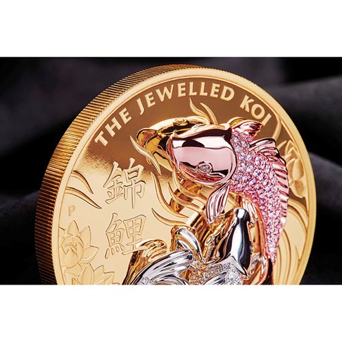 7 The Jewelled Koi 10oz Gold Proof Coin Stood Up Mood Black Background Macro1 LowRes