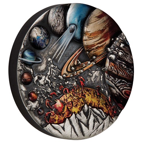 01 2022 Solar System 5oz Silver Antiqued Coin OnEdge HighRes
