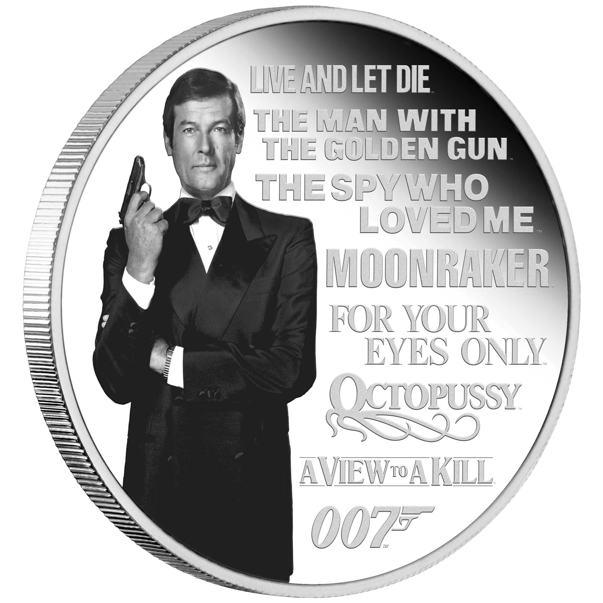01 2022 James Bond Legacy Series Roger Moore 1oz Silver Proof Coloured Coin OnEdge HighRes
