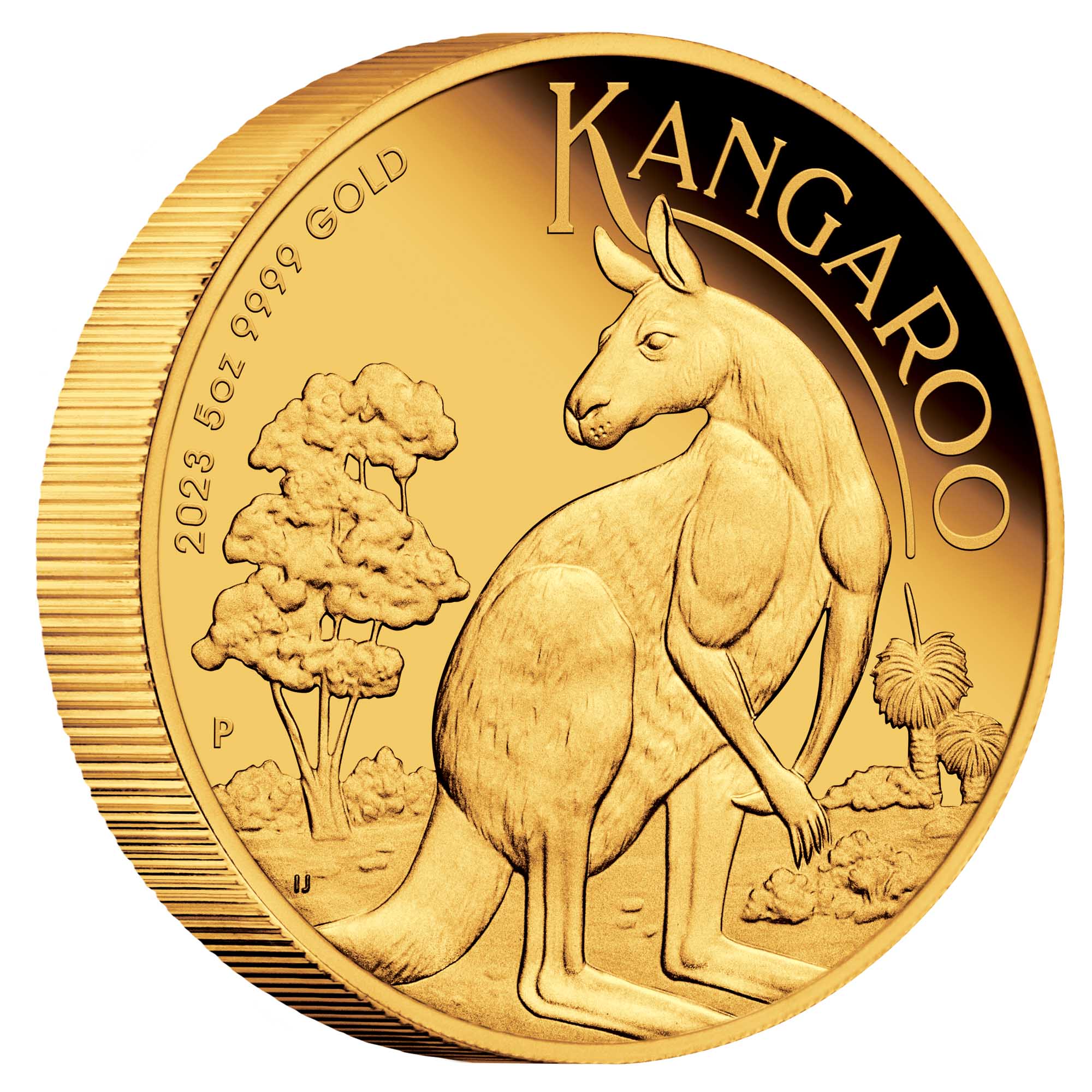 01 2023 Australian Kangaroo 5oz Gold Proof Coin OnEdge HighRes