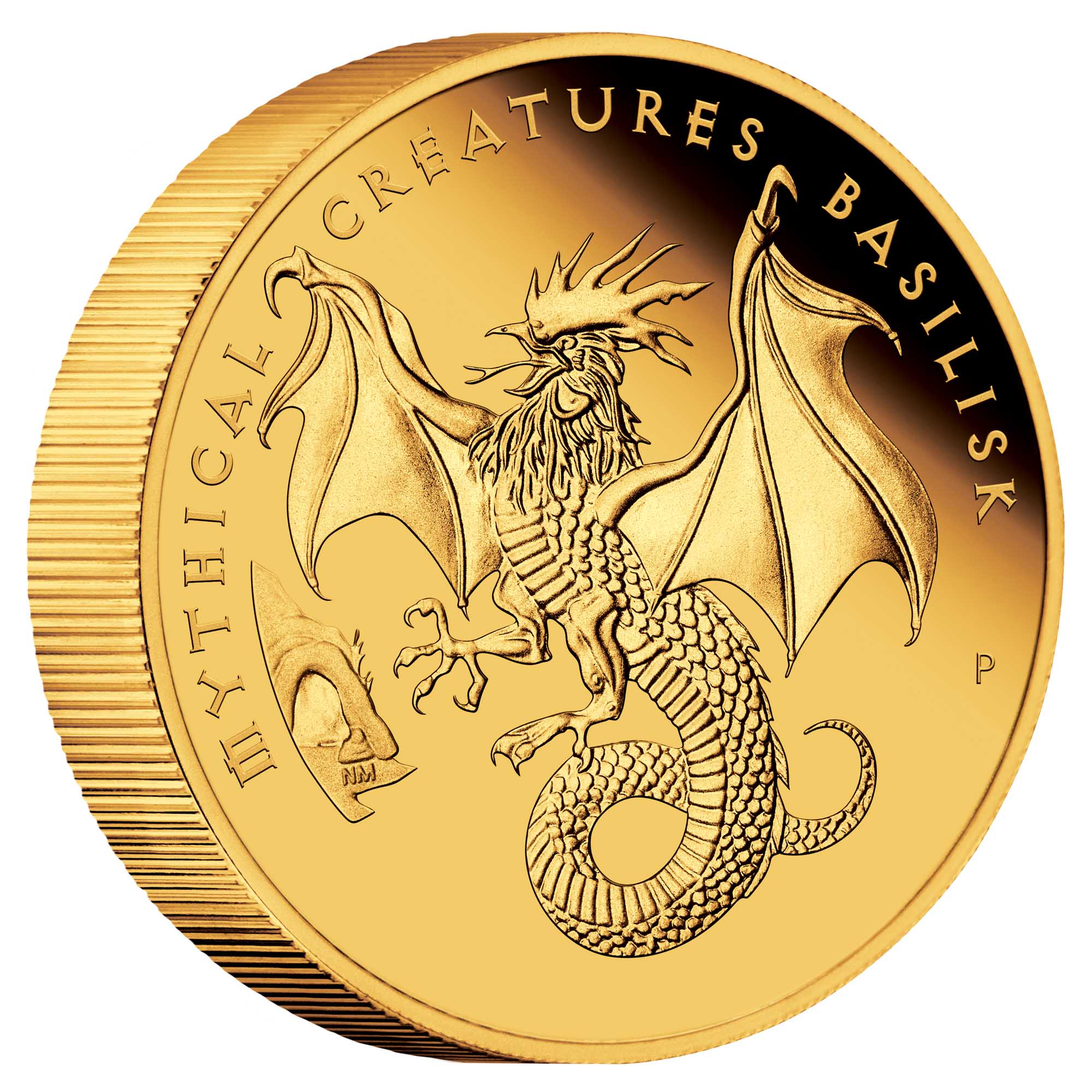 01 2023 MythicalCreatures Basilisk 5oz Gold Proof Coin OnEdge HighRes