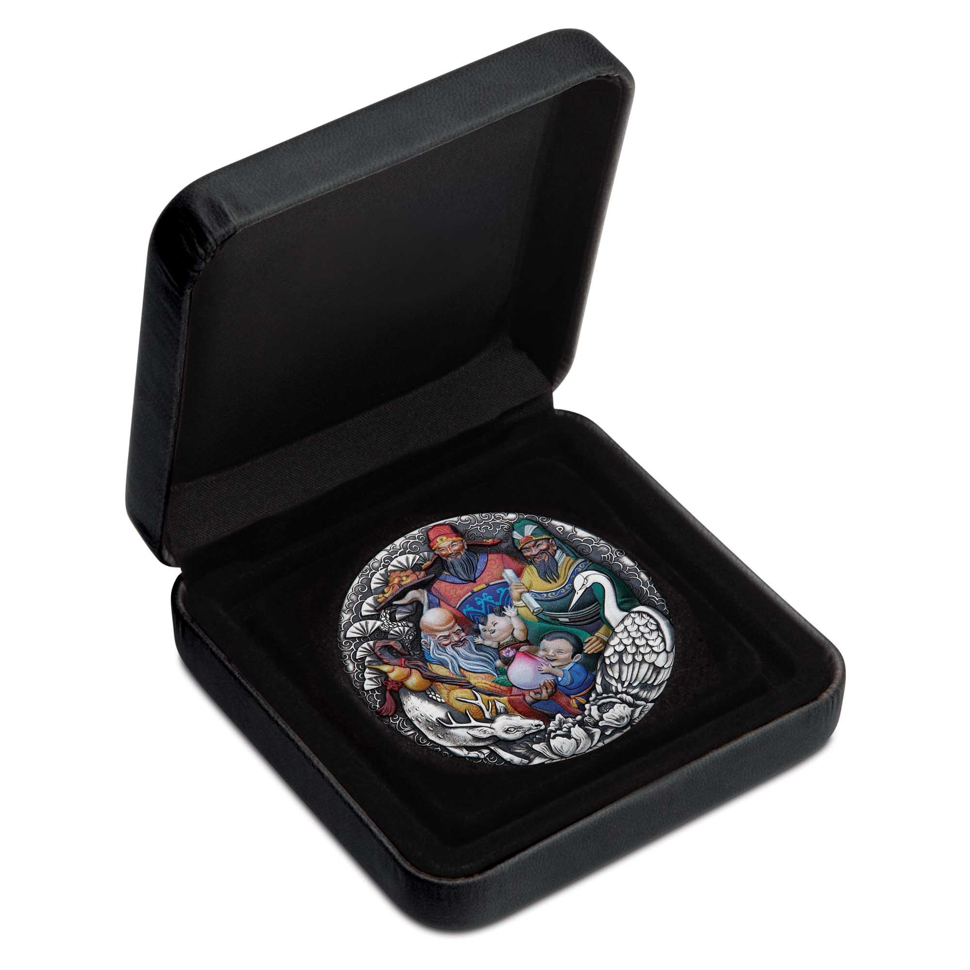 04 2023 FuLuShou 5oz Silver Antiqued Coin in Case HighRes