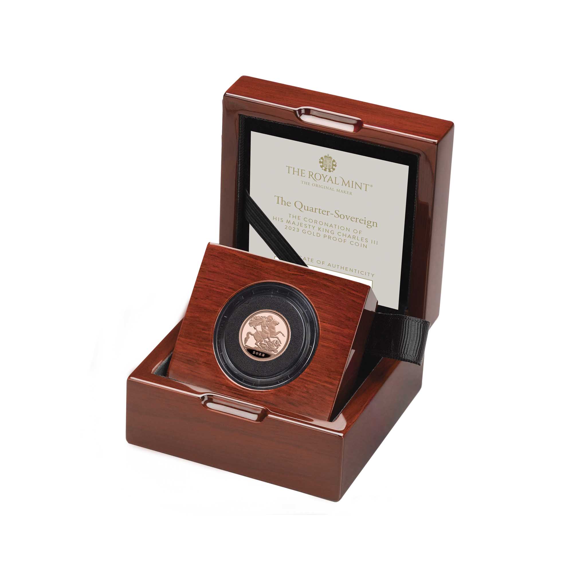 07 CSVQ23 The Coronation of His Majesty King Charles III Quarter Sovereign 2023 Gold Proof Coin reverse in case left