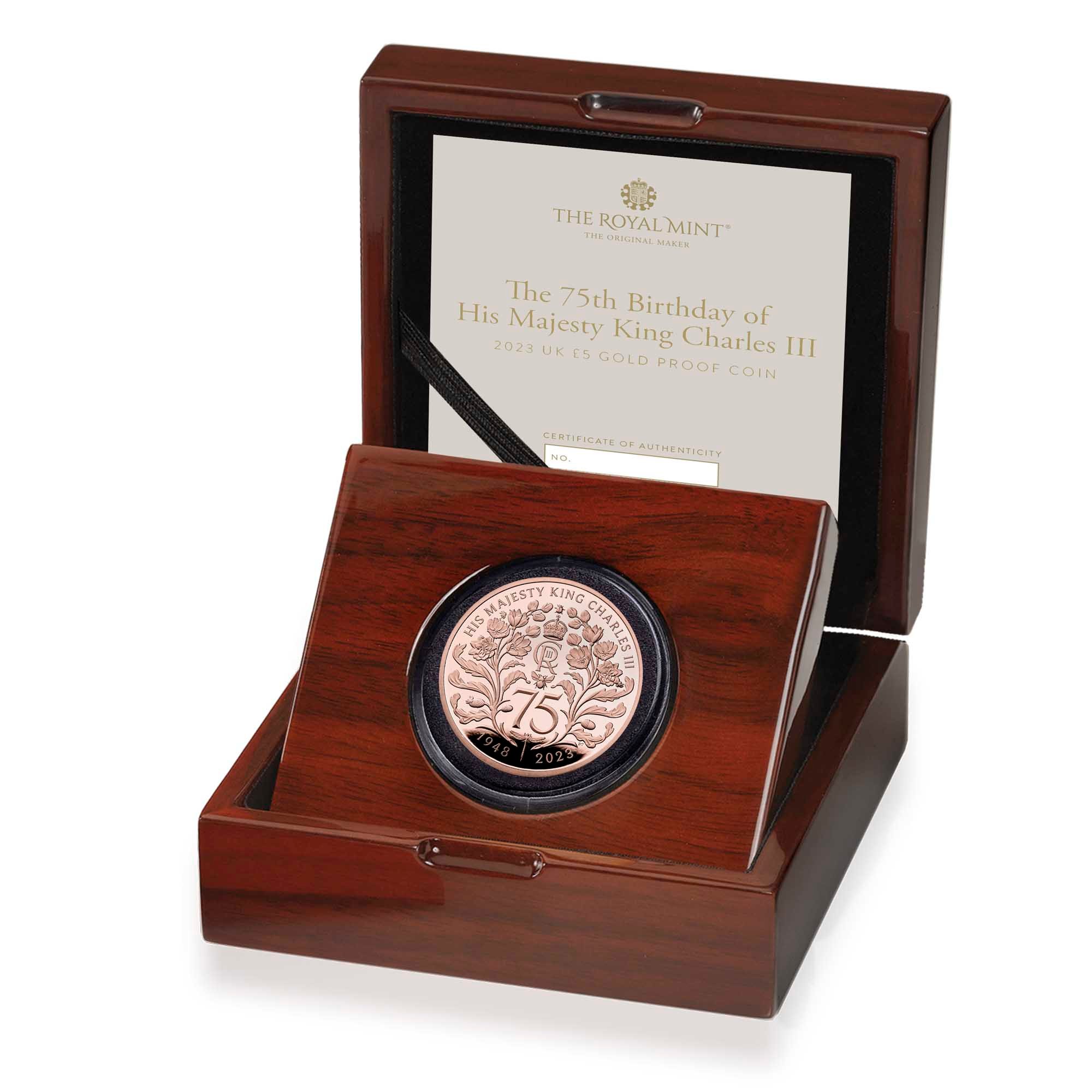 07 75th Birthday of His Majesty King Charles III 2023 UK GBP5 Gold Proof Coin Reverse Case Left