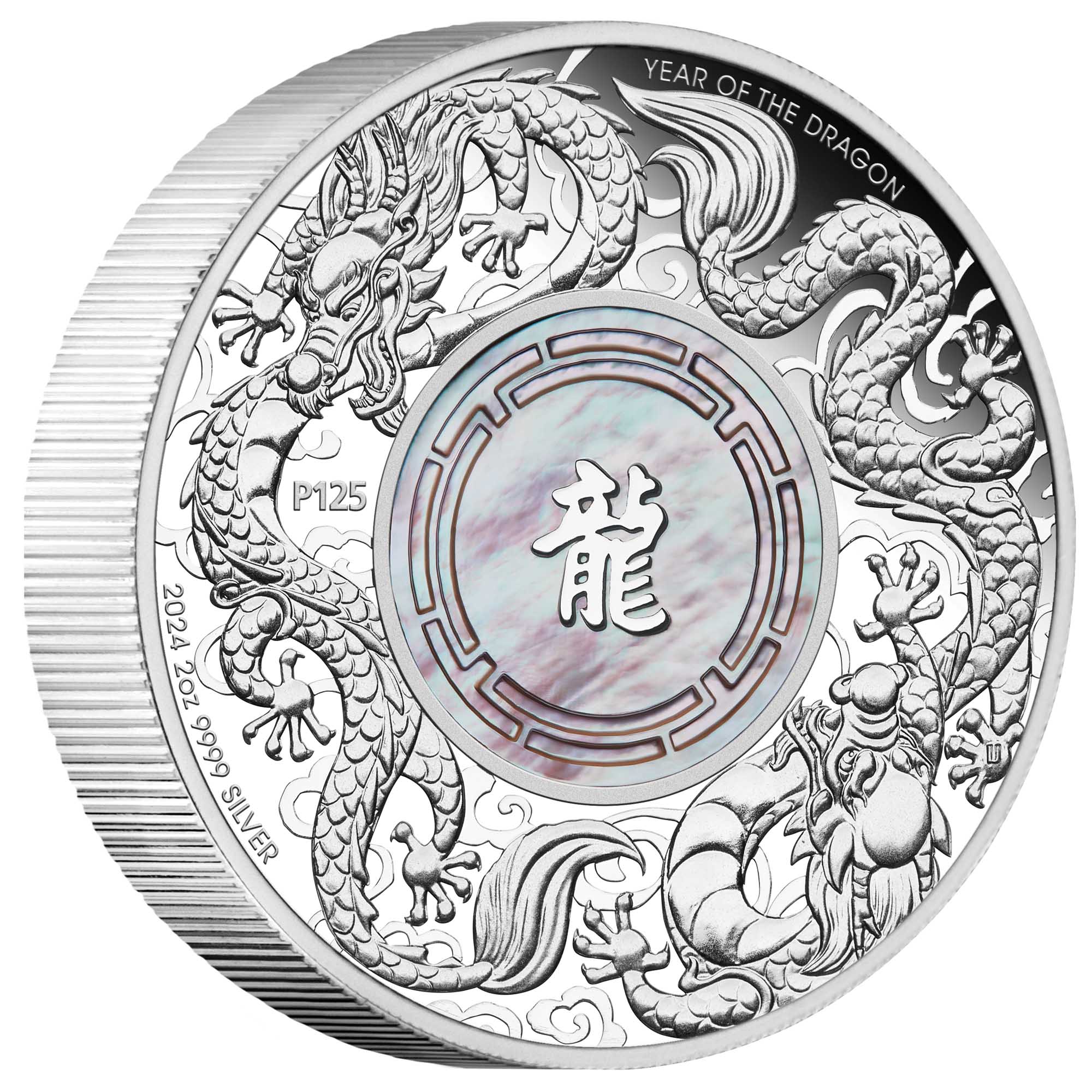 01 2024 Double Dragon with Mother of Pearl 2oz Silver Proof Coin On Edge HighRes