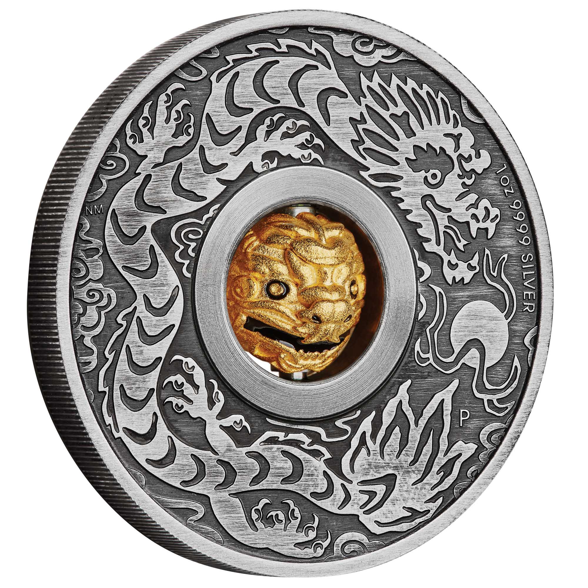 001 2024 Rotating Dragon 1oz Silver Antiqued Coin OnEdge HighRes
