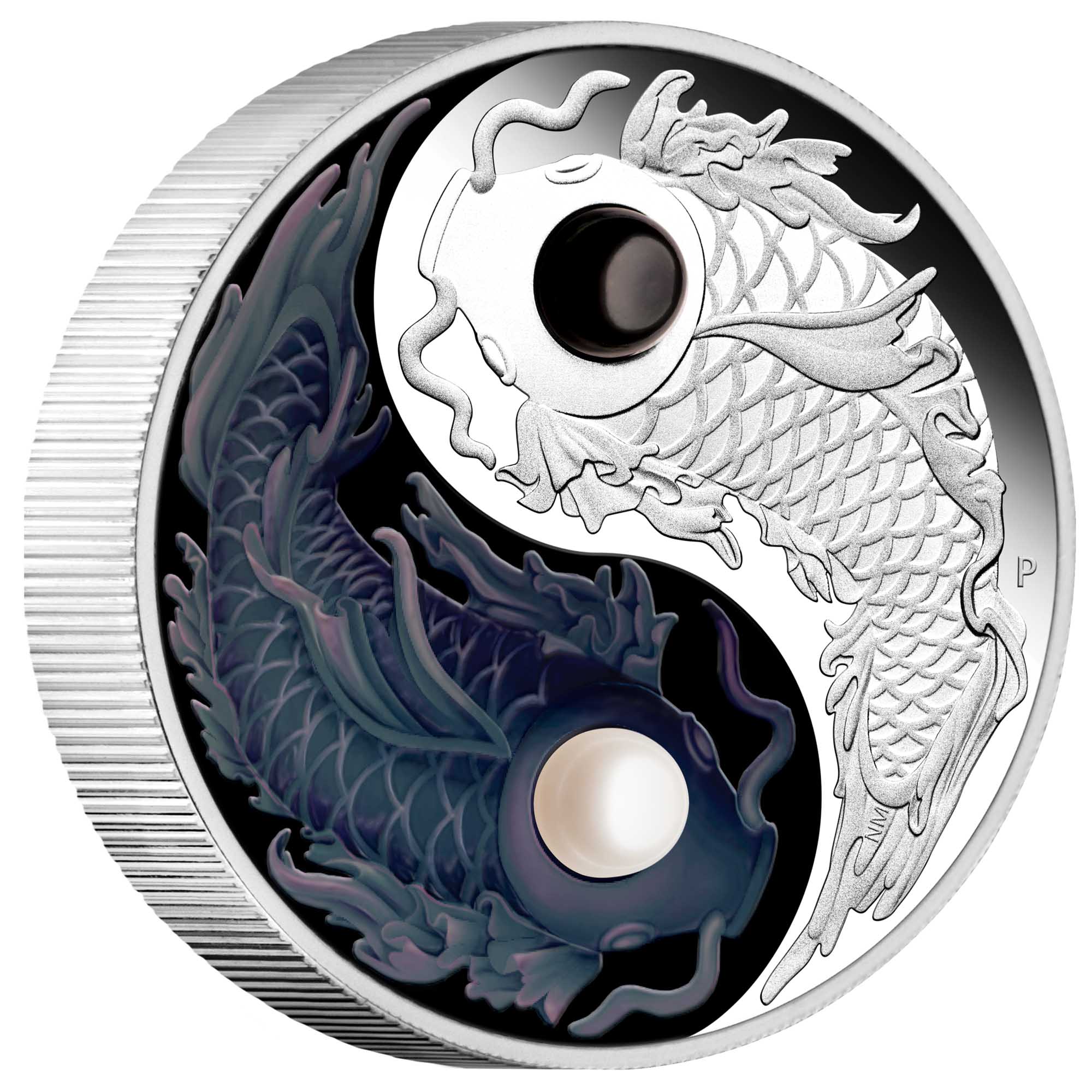 01 Koi 2024 5oz Silver Coloured Coin With PearlsOnEdge HighRes