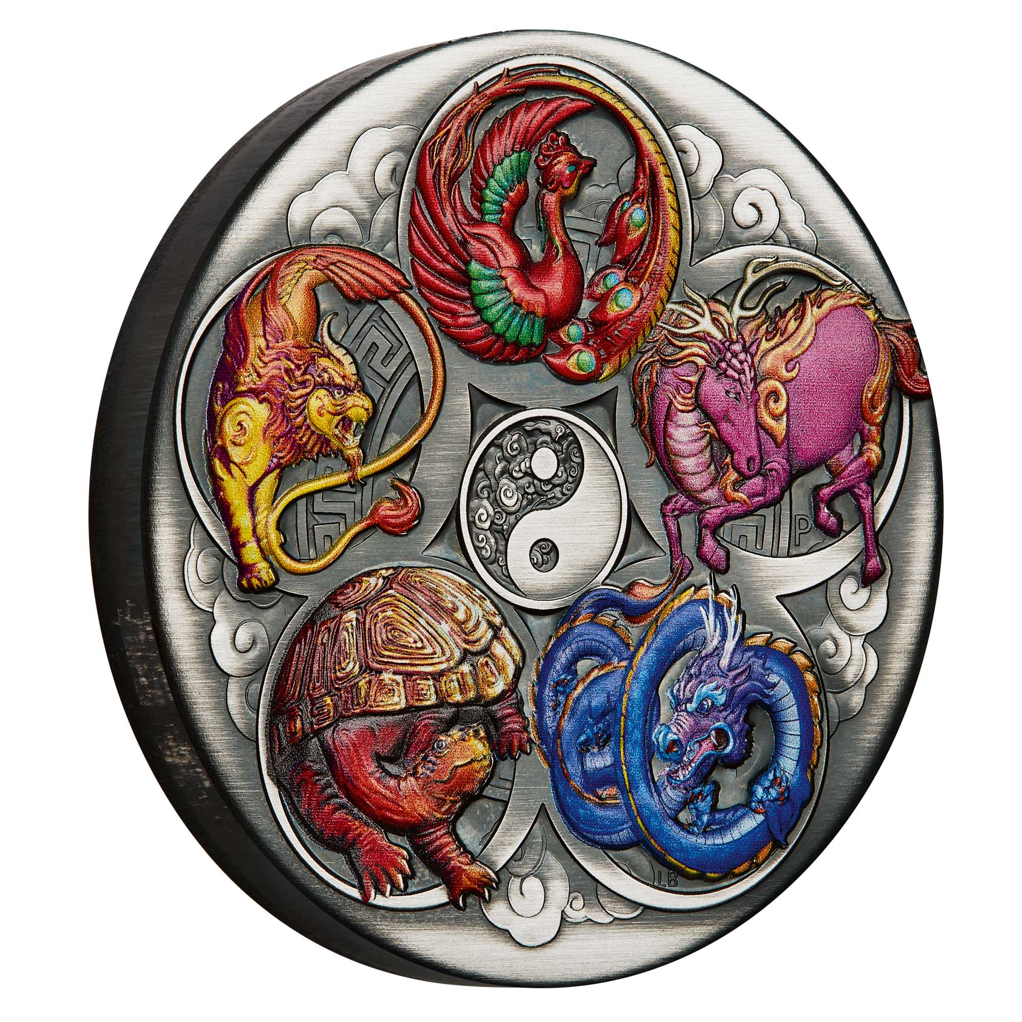 01 2024 Five Auspicious Creatures 5oz Silver Antiqued Coloured Coin on edge HighRes