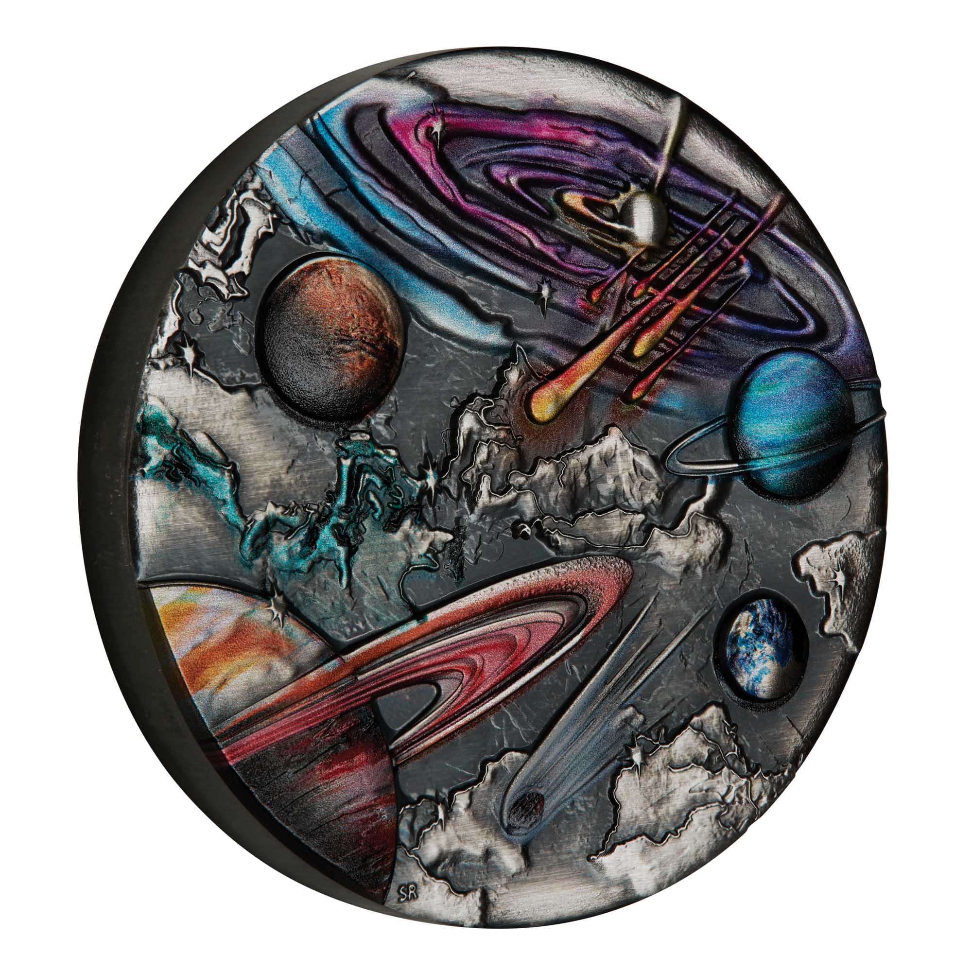 01 2024 Universe Starry Sky and Planets 5oz Silver Antiqued Coloured Coin On Edge HighRes
