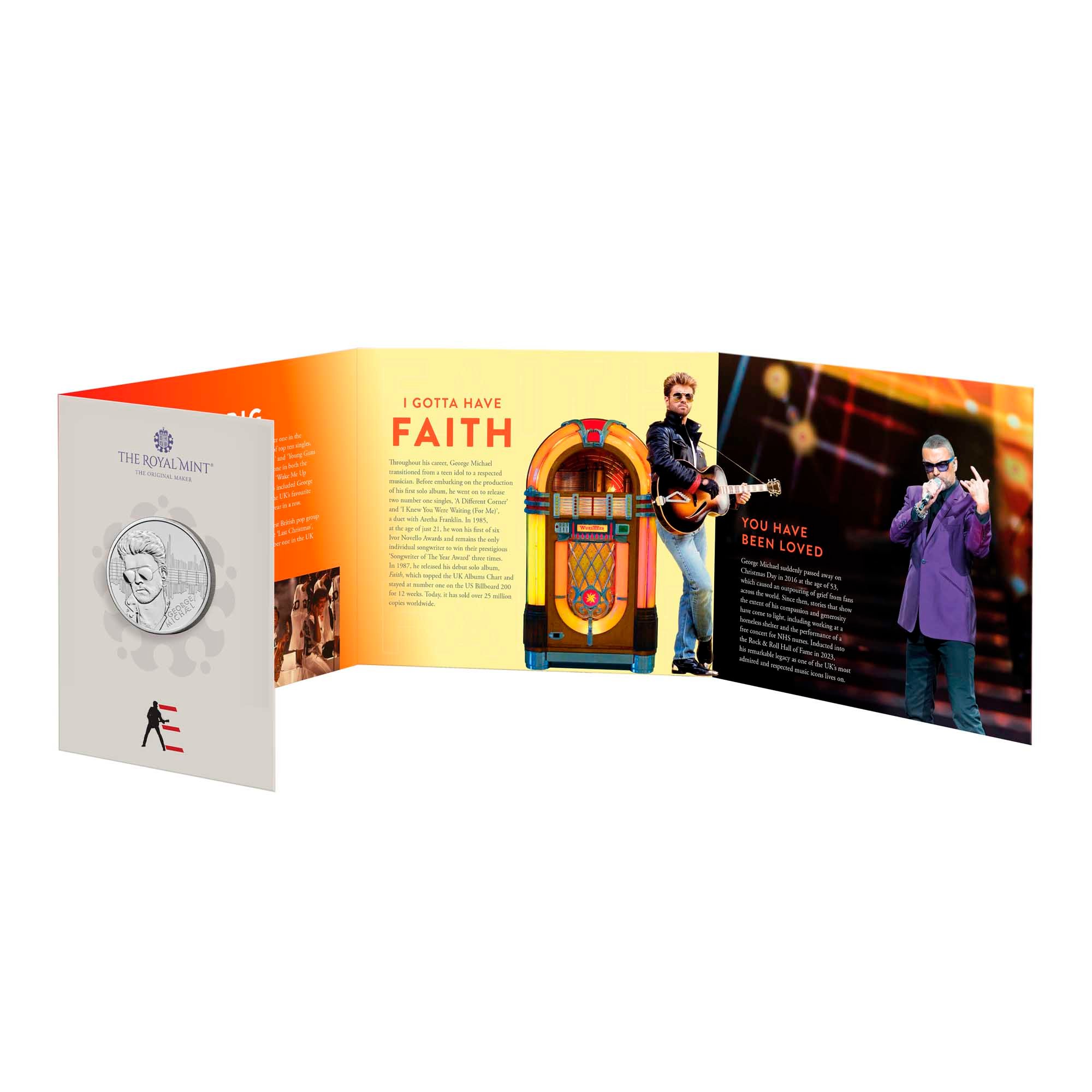 6. UK24GMBU George Michael 2024 UK GBP5 Brilliant Uncirculated Coin Reverse bu pack inner