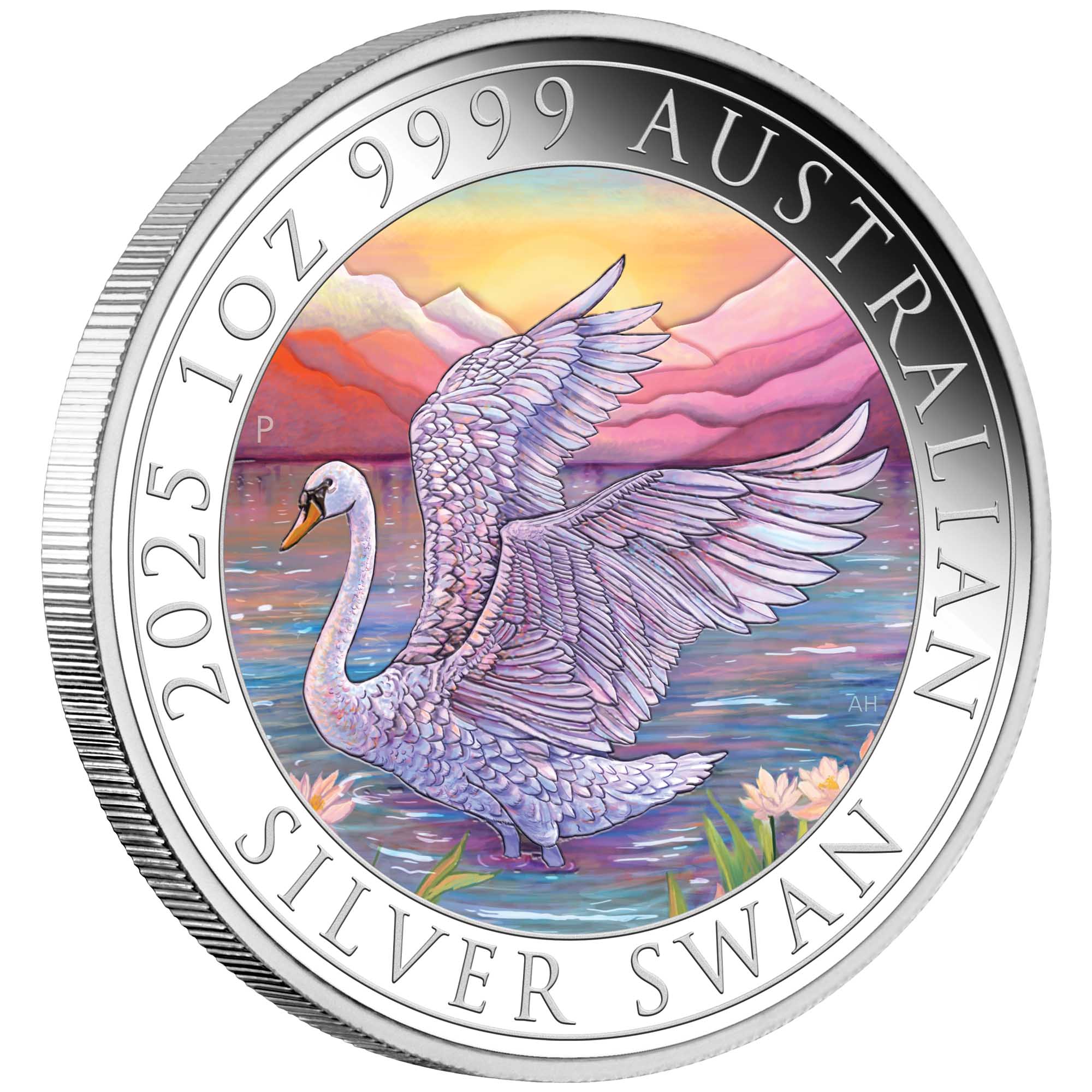 03 2025 Swan 1oz Silver Bullion Coloured Coin on edge HighRes
